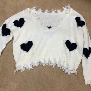 White Ribbed Sweater with Black Hearts